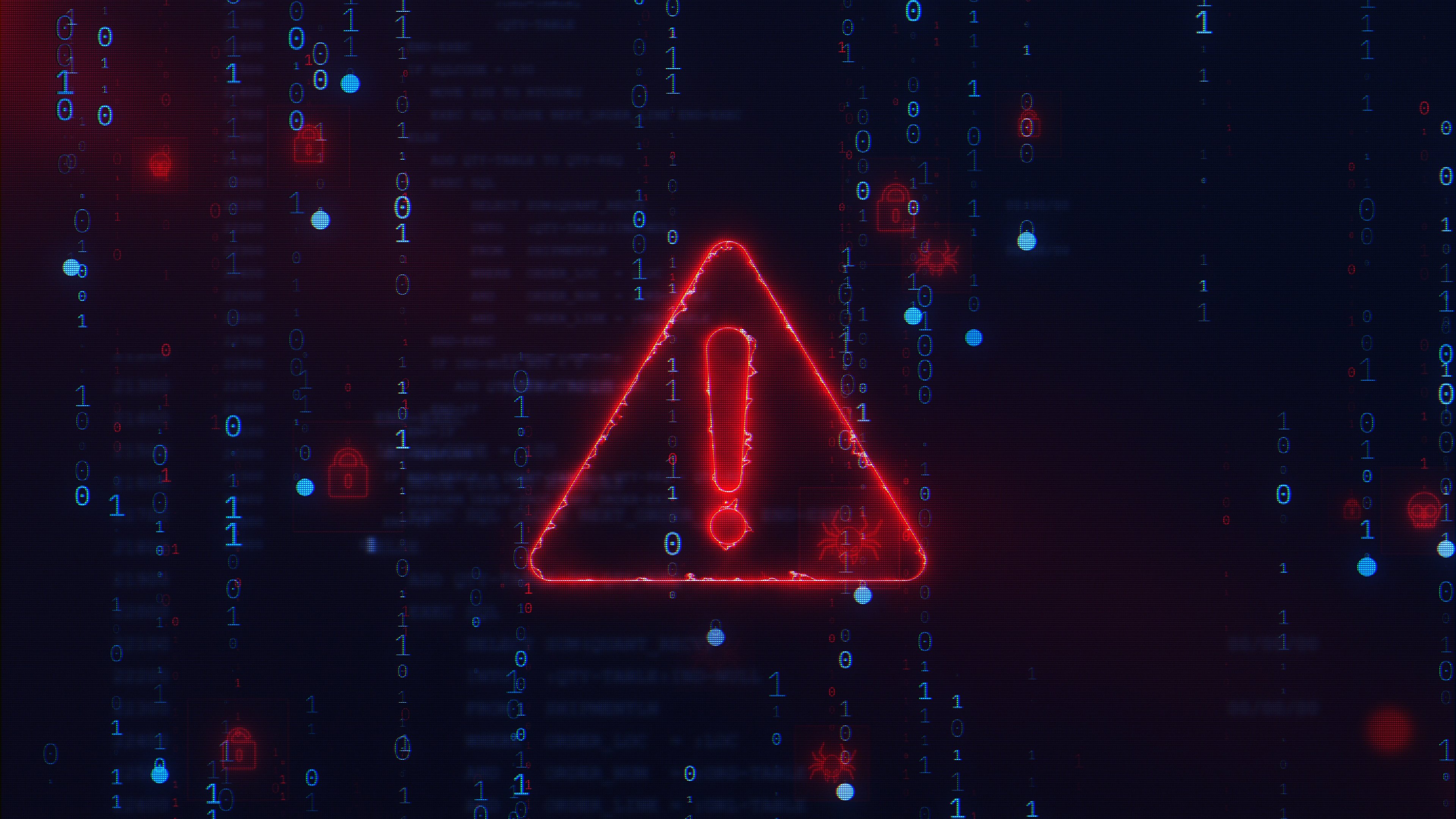  A digital warning sign with a red exclamation mark appears against a background of binary code, symbolizing a cybersecurity threat or system breach. This highlights the growing risks of cyberattacks and the importance of cyber insurance in protecting businesses from financial and operational damage caused by data breaches, ransomware, and other cyber threats.