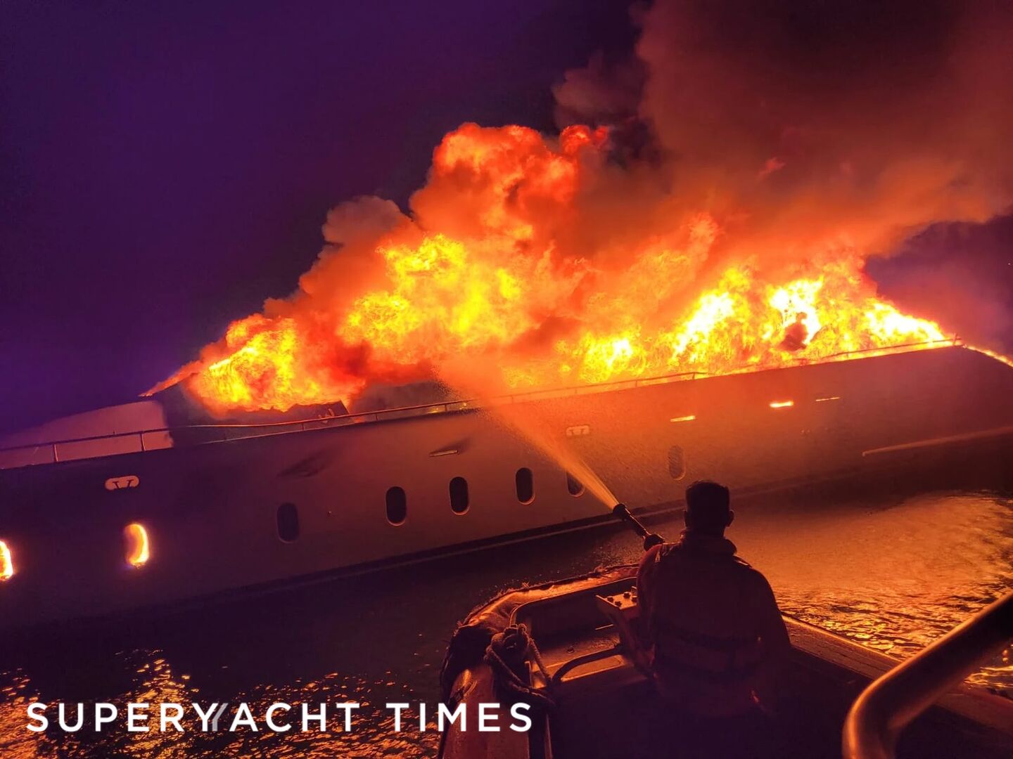 A yacht on fire. Courtesy of Semar and SuperYacht Times.